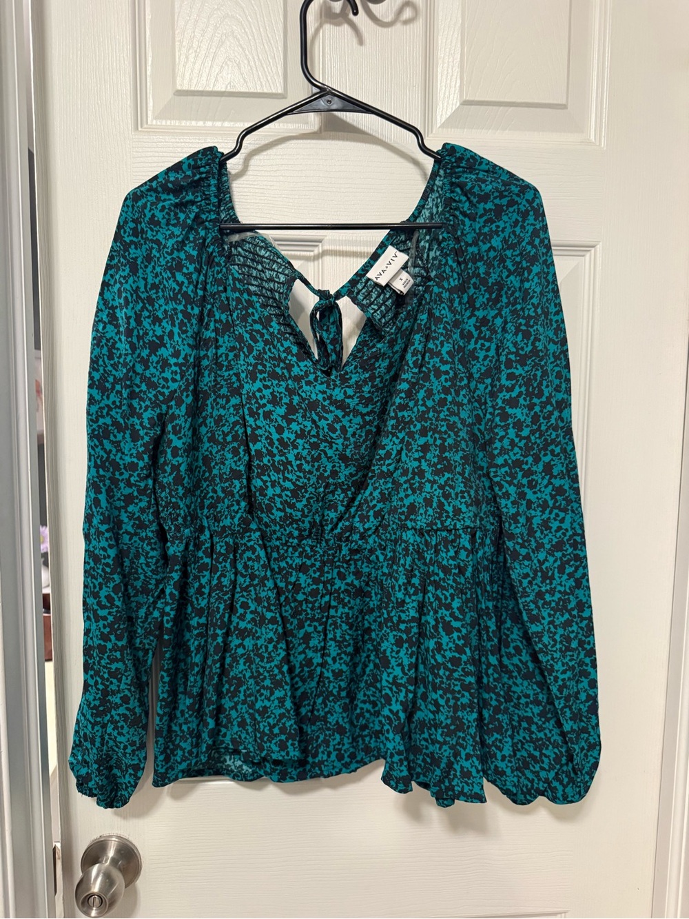 Ava & Viv Teal and Black Floral Peplum Long-Sleeve Blouse